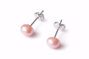 pink freshwater pearl stud earrings sterling silver posts close up