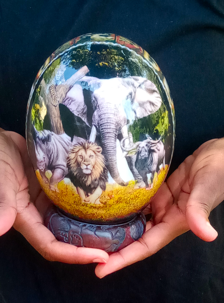 Africa's Magnificent Big Five Ostrich Egg-Free Domestic Shipping- includes a base