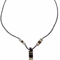 bone tooth pendant necklace EKELLOT necklace with a black-and-ivory striped tooth-shaped bone pendant, small dark beads, and two matching cylindrical side beads.