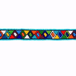 Handmade African beaded choker necklace featuring colorful geometric beadwork with turquoise edging and adjustable tie closure.