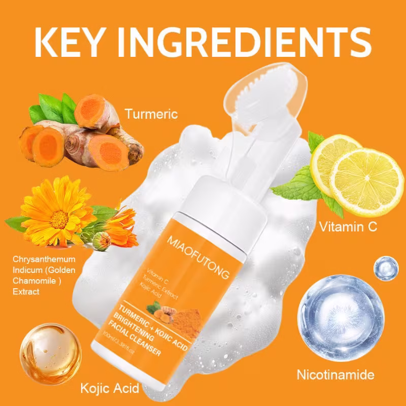 Turmeric Kojic Acid Brightening Facial Cleanser Foam Wash Silicone Brush Vitamin C Skin Care 100ml - Image 3
